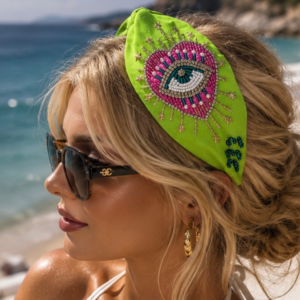 Handmade neon green headband with beaded details
