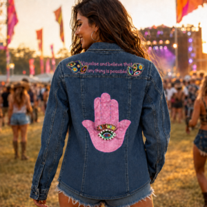 woman at festival wearing a denim reworked jacket with pink hamsa and embroidered visualize and believe text