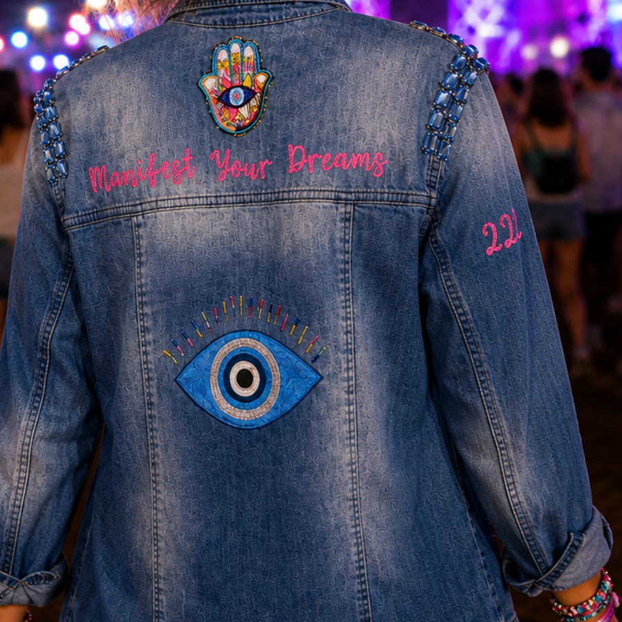 jacket with manifest your dreams on the reverse side from neon army reworked collection.