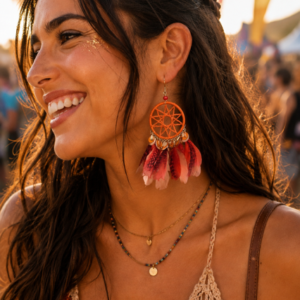 woman wearing large orange bohemian sunburst feather dreamcatcher earrings with orange, red and pink feathers.